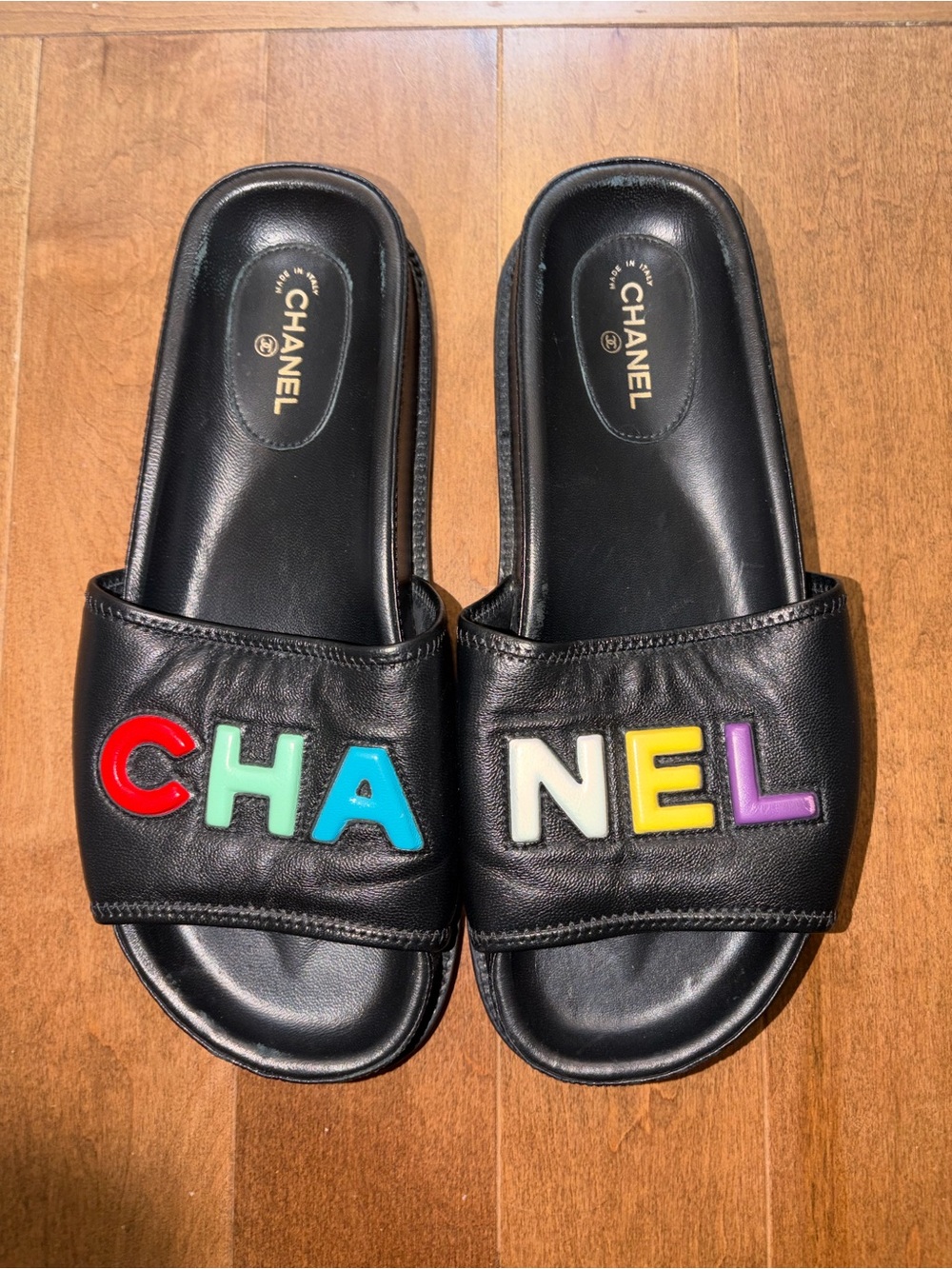 CHANEL Black Leather Slide Sandals with Multicolor Lettering